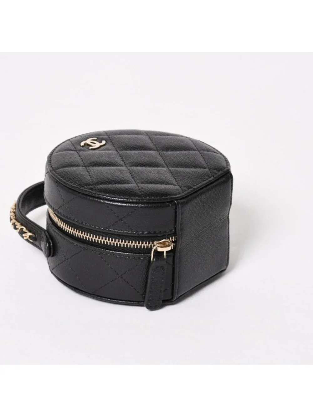 Chanel Small Round Vanity Bag Handbag Stand CC Logo Caviar Leather Black